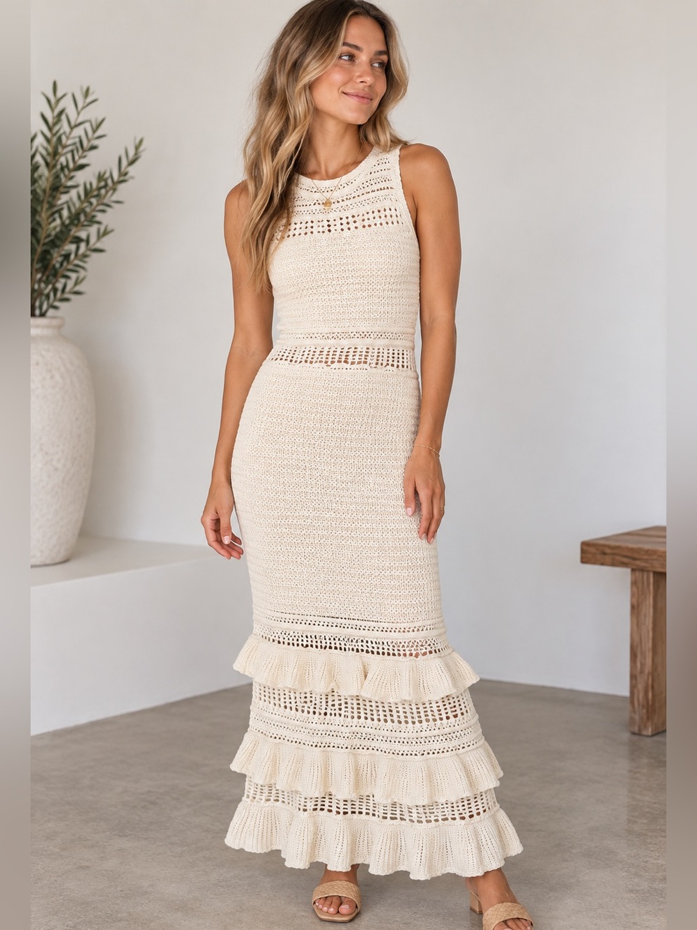 New Day Crochet Knit Ruffle Maxi Dress Cream NWT Size Small